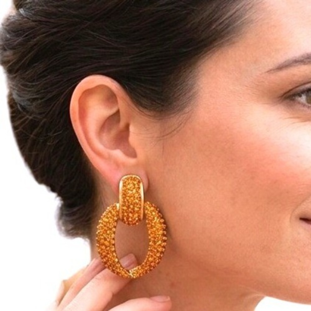 Vtg Gold Tone Honey Pave Crystal Oval Door Knocker Drop Clip On Earrings